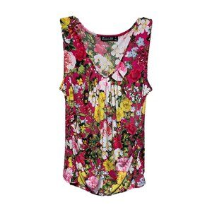 7th‎ Avenue Hot Pink Yellow green Floral Print Sleeveless Scope Neck Tank